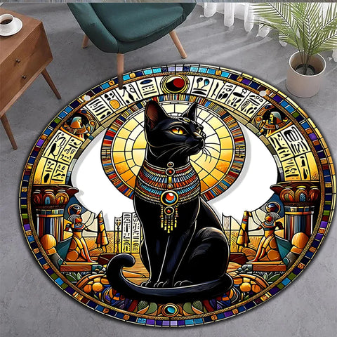 Navak Carpet Ein runder, leicht zu reinigender Teppich mit ägyptischem Bastet-Katzen-Design, geeignet für Wohnräume, Schlafzimmer, Wohnzimmer, Kit