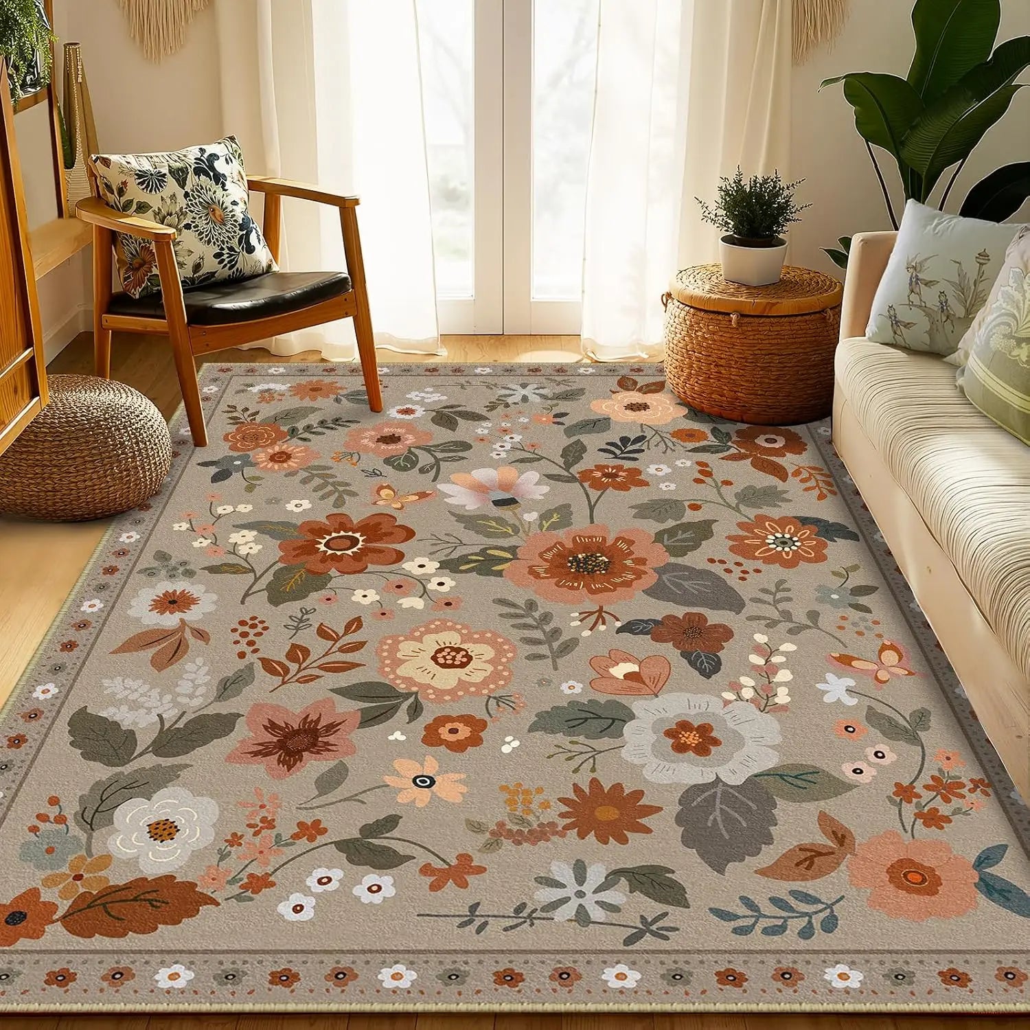 Navak Carpet Crystal Velvet CarpetFloral Area Rug Machine Washable Soft Print Boho Carpet Non Slip Footmat Low Pile Flower Area Rugs for