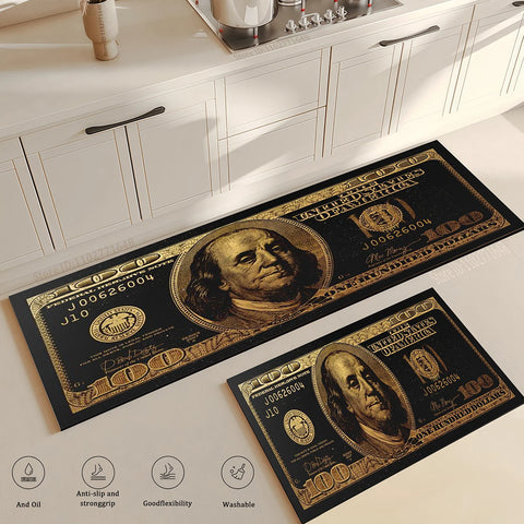 Navak Teppich Schwarz Gold 100 Dollar Bill Geld Küche Bodenmatte Home Fußmatte Korridor Balkon Lange Teppiche Nachttisch Rutschfester Saugfähiger Teppich