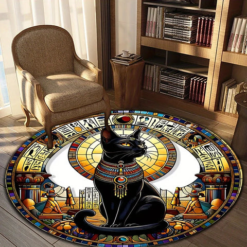 Navak Carpet Ein runder, leicht zu reinigender Teppich mit ägyptischem Bastet-Katzen-Design, geeignet für Wohnräume, Schlafzimmer, Wohnzimmer, Kit