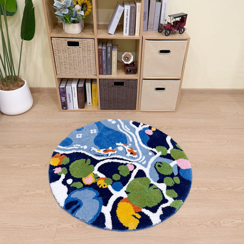 Navak Carpet Bunter Lotusteich, rund, handgefertigt, getufteter Teppich für Wohnzimmer, psychedelisches Schlafzimmer, Retro-Teppich, Plüsch, Kreis, abstrakte Kunst, Bereichsteppich