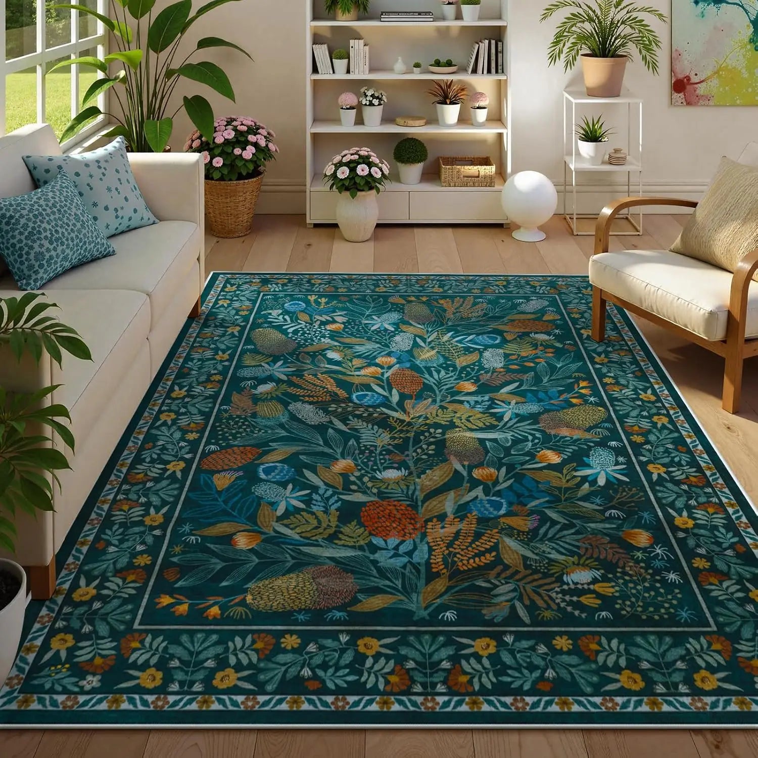 Navak Carpet Crystal Velvet CarpetAn Green Botanical Floral Washable Area Rugs, Abstract Large Rugs for Living Room Non-Slip Soft