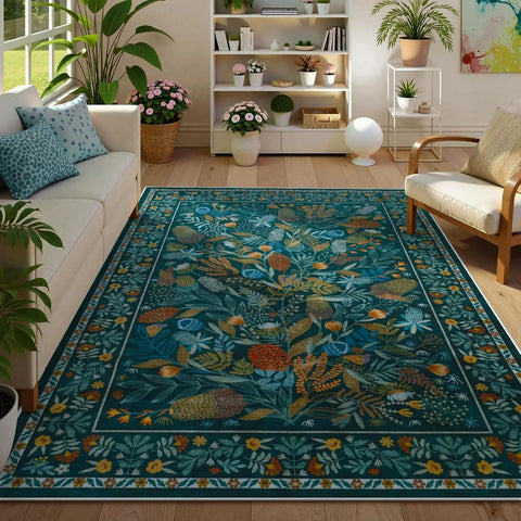 Navak Carpet Crystal Velvet CarpetAn Green Botanical Floral Washable Area Rugs, Abstract Large Rugs for Living Room Non-Slip Soft