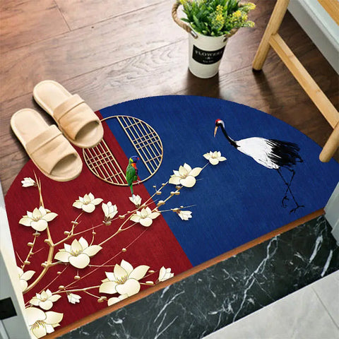 Navak Teppich Chinesische halbrunde Fußmatten im japanischen Stil mit Kranich-Aufdruck, rutschfeste Fußmatten für den Eingang, Balkonteppich, Flur, Veranda