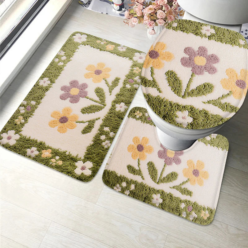 Navak Carpet 3-teilige Badezimmermatte mit Kaktus-Aufdruck, 7 mm, weiche Bodenmatte, Wohnzimmerteppich, rutschfeste Balkonmatte, maschinenwaschbar