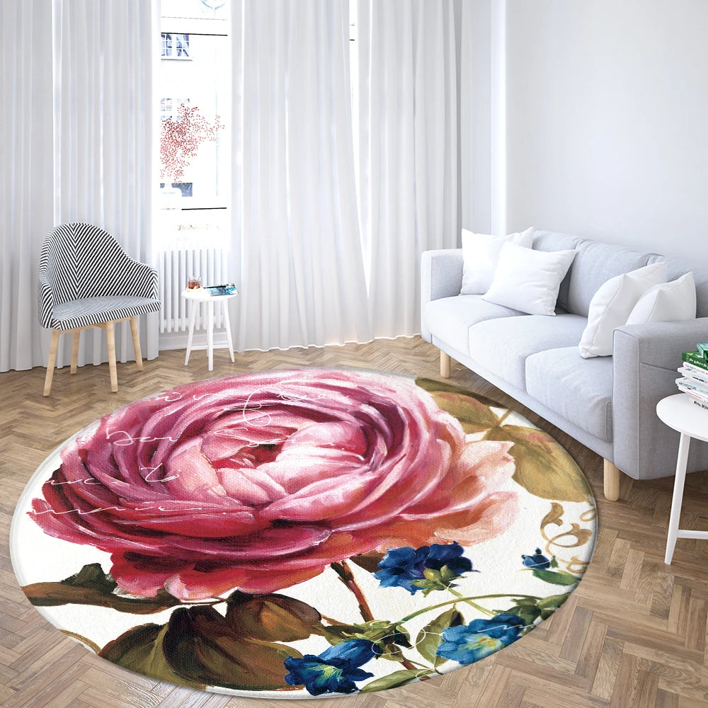 Navak Teppich Home Wohnzimmer Schlafzimmer Badezimmer Bodenmatte Druck Dekorativer Teppich Blume und Vogel Runde Pfingstrose Rose