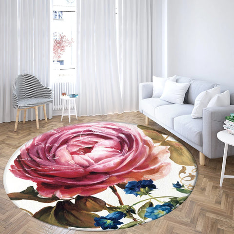 Navak Teppich Home Wohnzimmer Schlafzimmer Badezimmer Bodenmatte Druck Dekorativer Teppich Blume und Vogel Runde Pfingstrose Rose