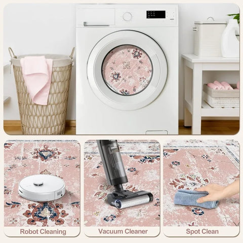 Navak Carpet Pink Vintage Living Room Carpet Bohemian Style Light Luxury Bedroom Rug Large Area Machine Washable Non-slip Coffee Table Mat 러그