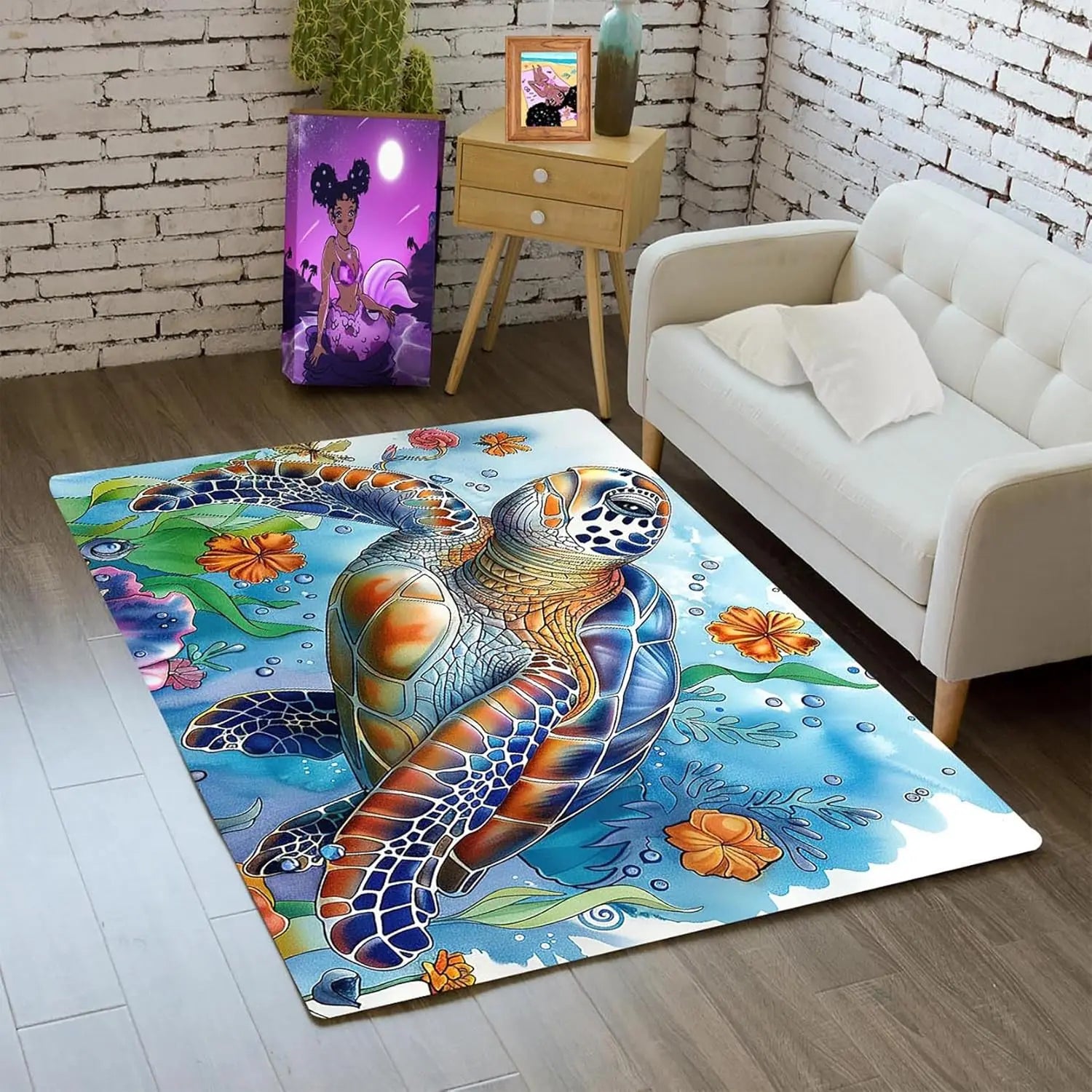 Navak Carpet Ozean-Thema Meeresschildkröten-Teppich für Wohnzimmer und Kinderzimmer, Küstendekor-Teppich, Unterwasser-Meerestier-Teppich