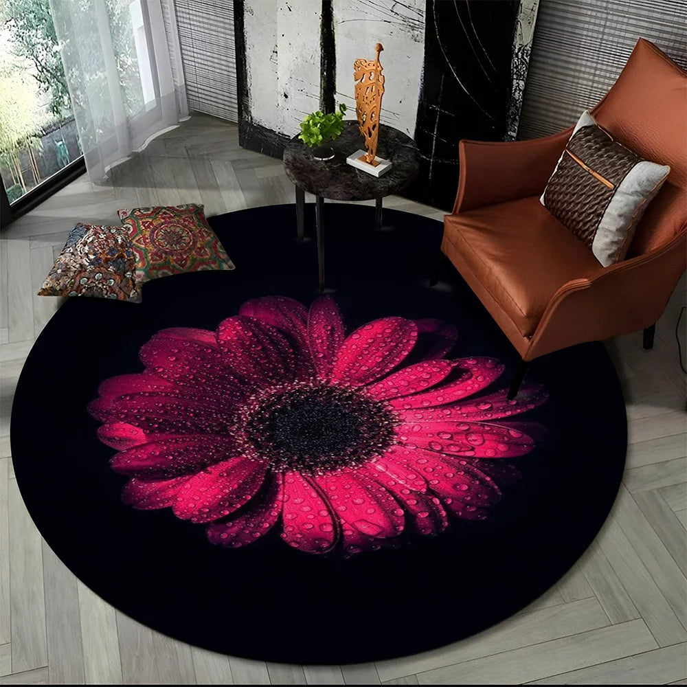 Navak Carpet 3D Luxury Flower Rose Daisy Nordic Round Carpet Rug for Living Room Bedroom Child Playroom Chair Decor,Pet Area Rug Non-slip Mat