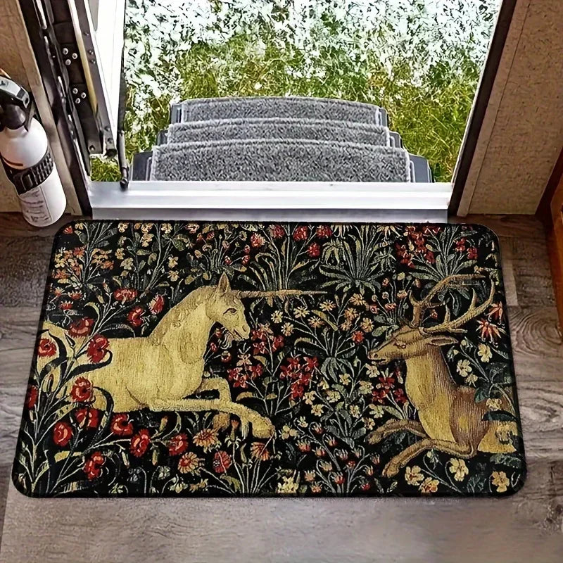 Navak Teppich, mittelalterliches Einhorn, Mitternachtsblumen-Wandteppich, Fußmatte, rutschfester Teppich, Heimdekoration, Teppich, waschbar, für Wohnzimmer, Schlafzimmer, Küche, Bodenmatte