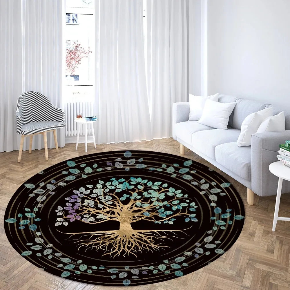 Navak Teppich Weltenbaum, rund, Wikinger-Druck, nordische Mythologie, rund, für Wohnzimmer, Schlafzimmer, Bodenmatte, Spielzimmer