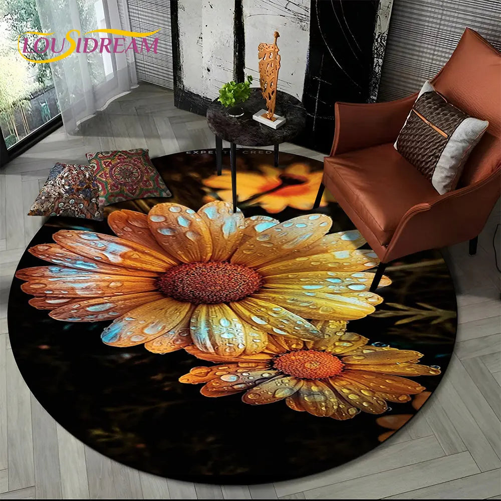 Navak Teppich, 3D-Gänseblümchen, nordische Blume, Sonnenblume, runder Teppich, Teppich für Wohnzimmer, Kinderzimmer, Sofa, Spielzimmer, Dekoration, rutschfeste Bodenmatte
