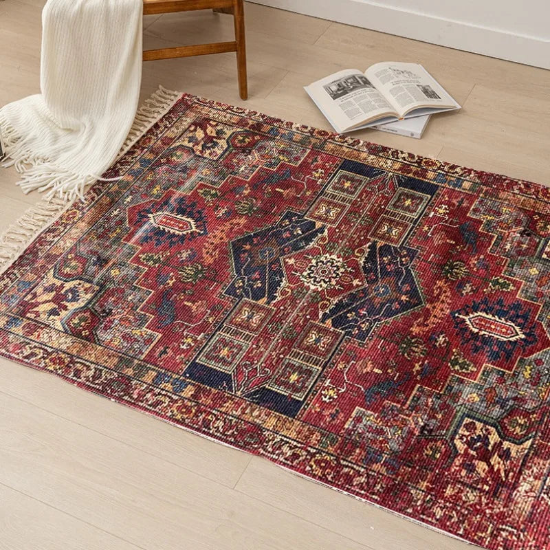 Navak Carpet Vintage American Persian Ethnic Style Red Handmade Knotted Tassel Homestay Polyester Cotton Linen Carpet Floor Mat