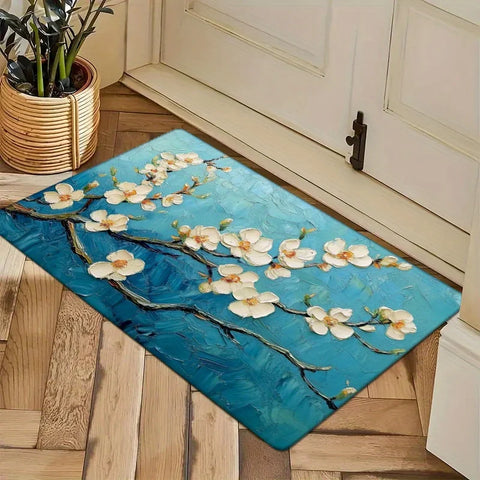 Navak Carpet 1 Stück Fußmatte mit blauem Blumenzweig, Polyestergewebe, maschinenwaschbar, geeignet für Wohnzimmer, Schlafzimmer, Küche, Heimdekoration