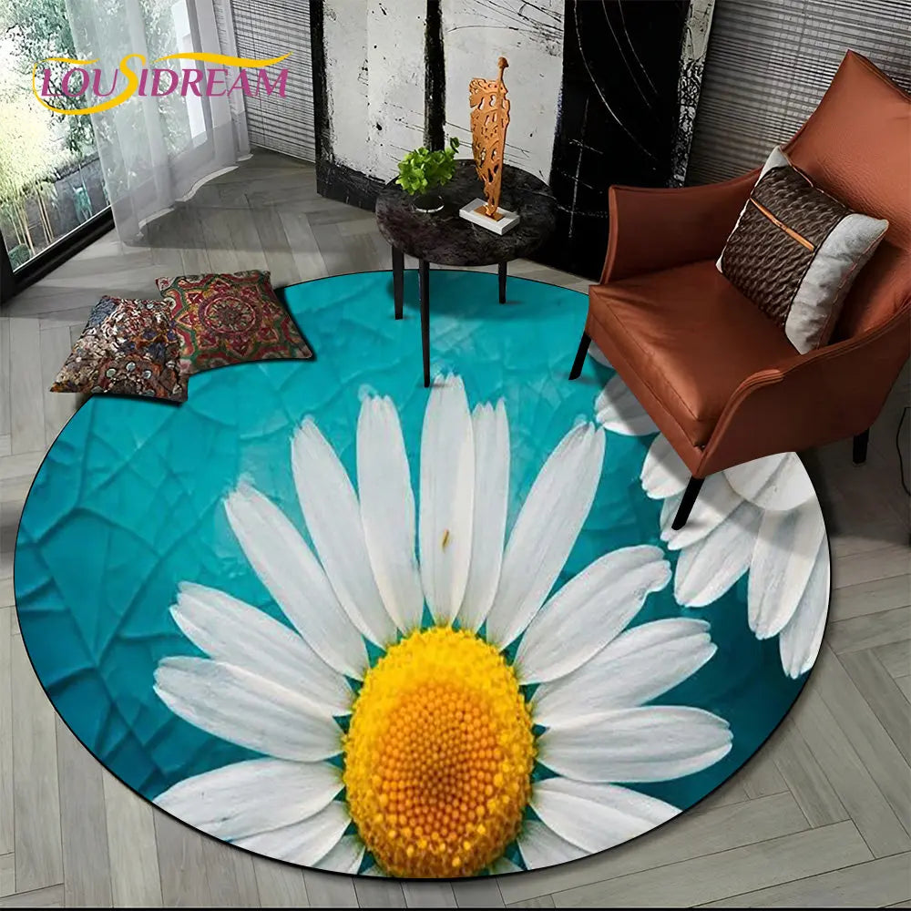 Navak Teppich, 3D-Gänseblümchen, nordische Blume, Sonnenblume, runder Teppich, Teppich für Wohnzimmer, Kinderzimmer, Sofa, Spielzimmer, Dekoration, rutschfeste Bodenmatte