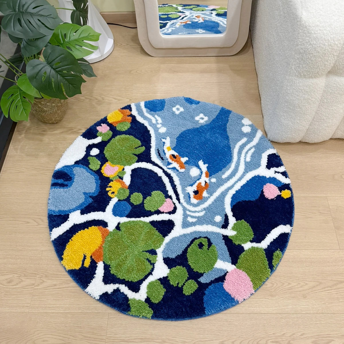 Navak Carpet Bunter Lotusteich, rund, handgefertigt, getufteter Teppich für Wohnzimmer, psychedelisches Schlafzimmer, Retro-Teppich, Plüsch, Kreis, abstrakte Kunst, Bereichsteppich