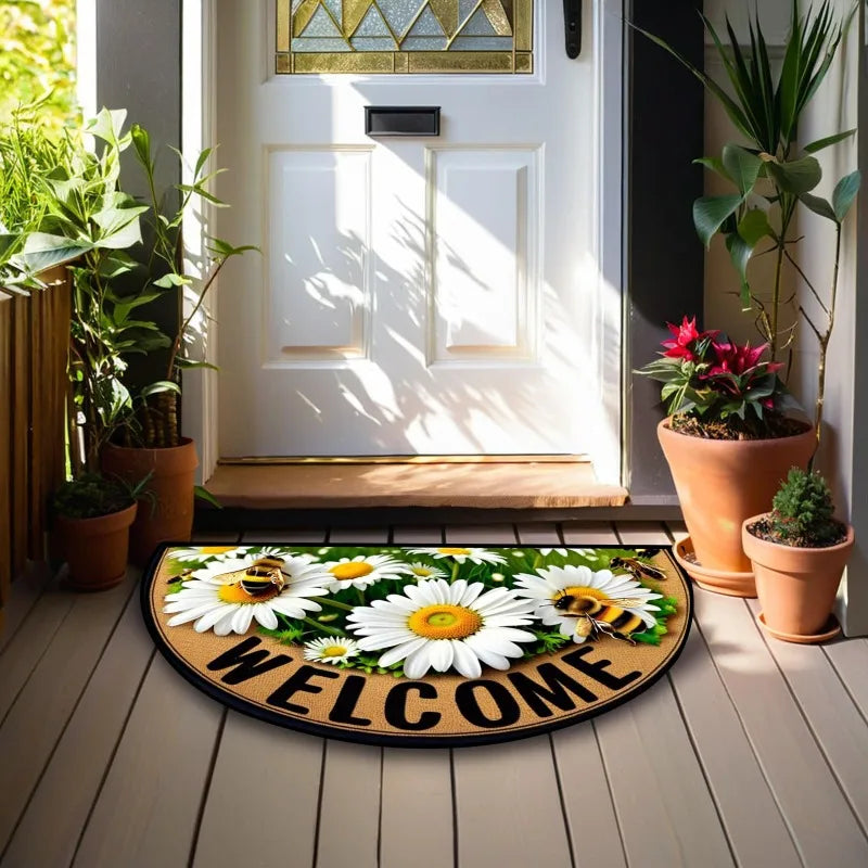 Navak Carpet Fußmatte mit Bienen-Blumenmuster, rutschfest, halbrund, Polyester, Eingangsteppich für Bauernhaus, Terrasse, Wäsche, Küche, Hof, Außenbereich, Heimdekoration