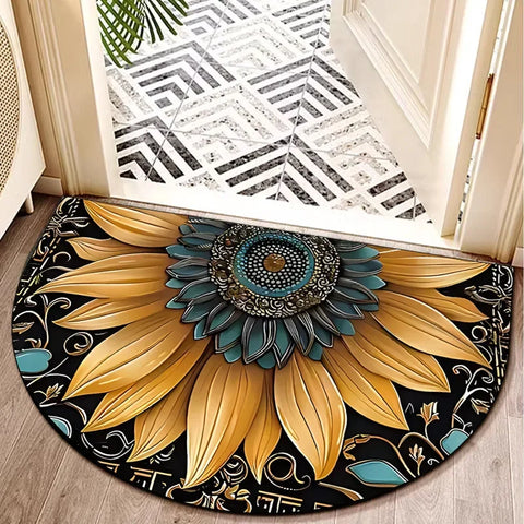 Navak Carpet Fußmatte mit Bienen-Blumenmuster, rutschfest, halbrund, Polyester, Eingangsteppich für Bauernhaus, Terrasse, Wäsche, Küche, Hof, Außenbereich, Heimdekoration