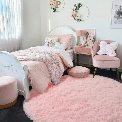 Navak Carpet Vikama, rosa, runder Teppich für Mädchenschlafzimmer, flauschiger runder Teppich für Kinderzimmer, pelziger, zotteliger Teppich für Wohnzimmer- und Spielzimmerdekoration