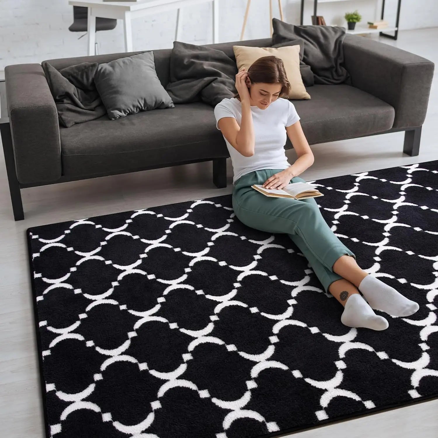 Navak Carpet Großer Shag-Teppich aus Memory-Schaum, Wohnzimmerteppich, 1,8 x 2,7 m, schwarzer Plüsch-Schlafzimmerteppich mit geometrischem Muster, Innenteppich für Kinderzimmerdekoration