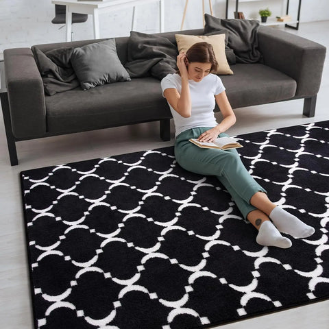 Navak Carpet Großer Shag-Teppich aus Memory-Schaum, Wohnzimmerteppich, 1,8 x 2,7 m, schwarzer Plüsch-Schlafzimmerteppich mit geometrischem Muster, Innenteppich für Kinderzimmerdekoration