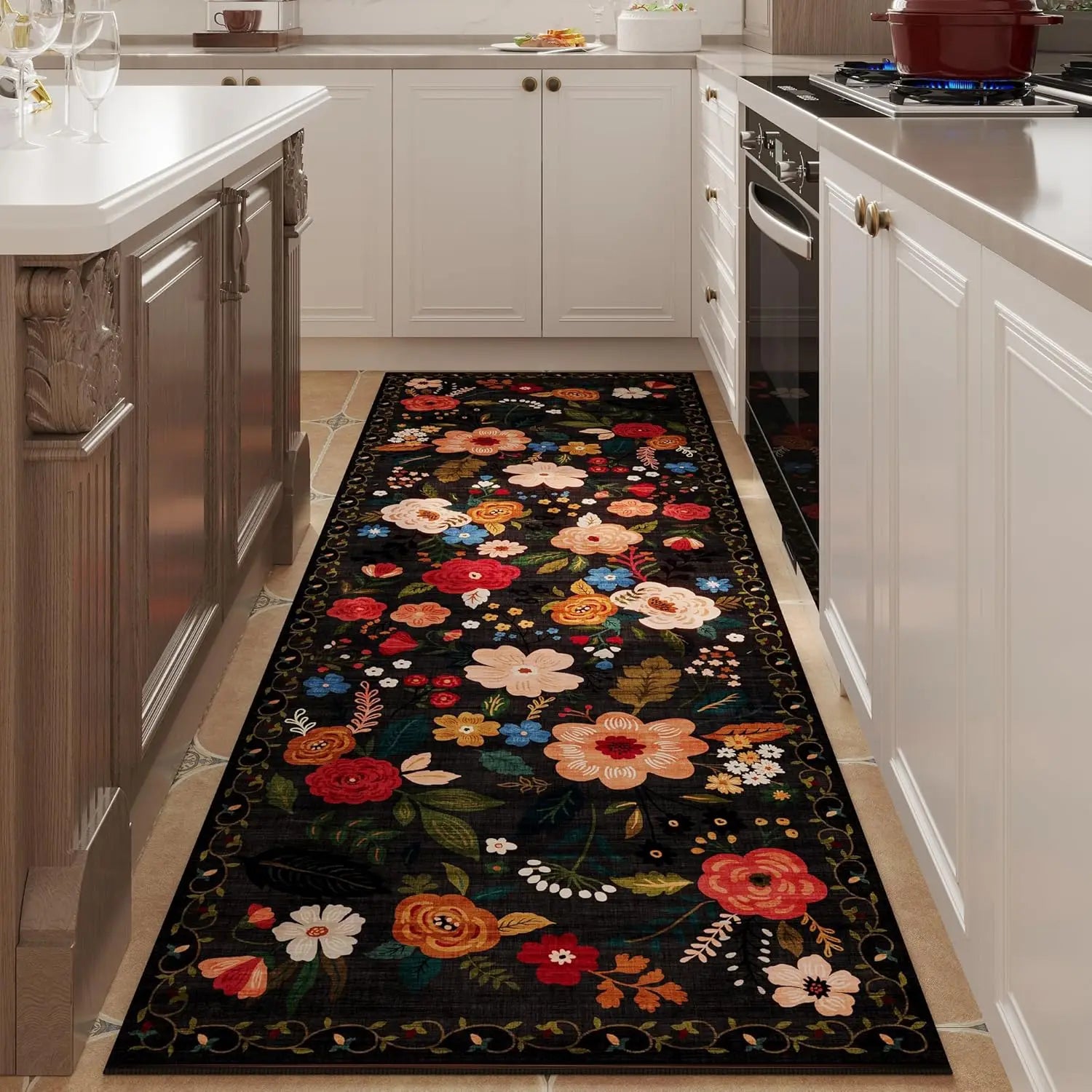 Navak Carpet Exclusive Picks Läuferteppich für Flure und Küchen, rutschfest, maschinenwaschbar, mit Gummirückseite, weiche Blumenteppiche für die Küchendekoration