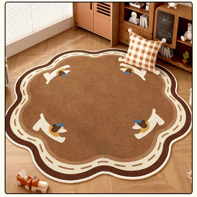Navak Carpet Retro Brown Living Room Decoration Round Carpet Cartoon Style Rugs for Bedroom Anti-slip Lounge Floor Mat Washable Home Soft Rug