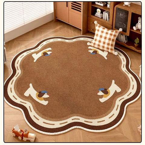 Navak Carpet Retro Brown Living Room Decoration Round Carpet Cartoon Style Rugs for Bedroom Anti-slip Lounge Floor Mat Washable Home Soft Rug