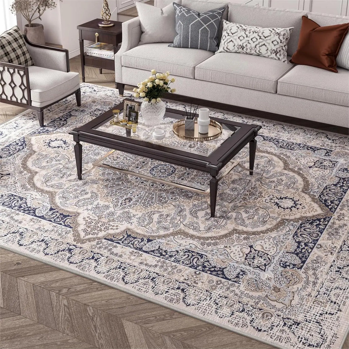 Navak Carpet Washable Area Rug,Area Rug for Living Room,Soft Area Rug for Bedroom,Vintage Design,TPR Anti-Slip Backing,Non Shedding