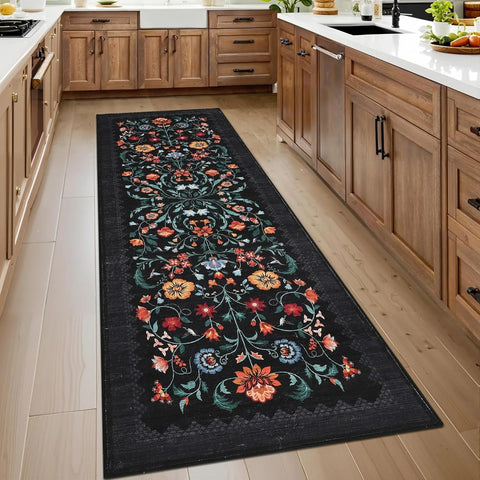Navak Teppich Läufer für Flur, waschbar, Blumenmuster, langer Teppich, weicher, niedrigfloriger Weihnachtsdekor-Teppich, Schlafzimmer-Bodenmatte, rutschfeste Matten