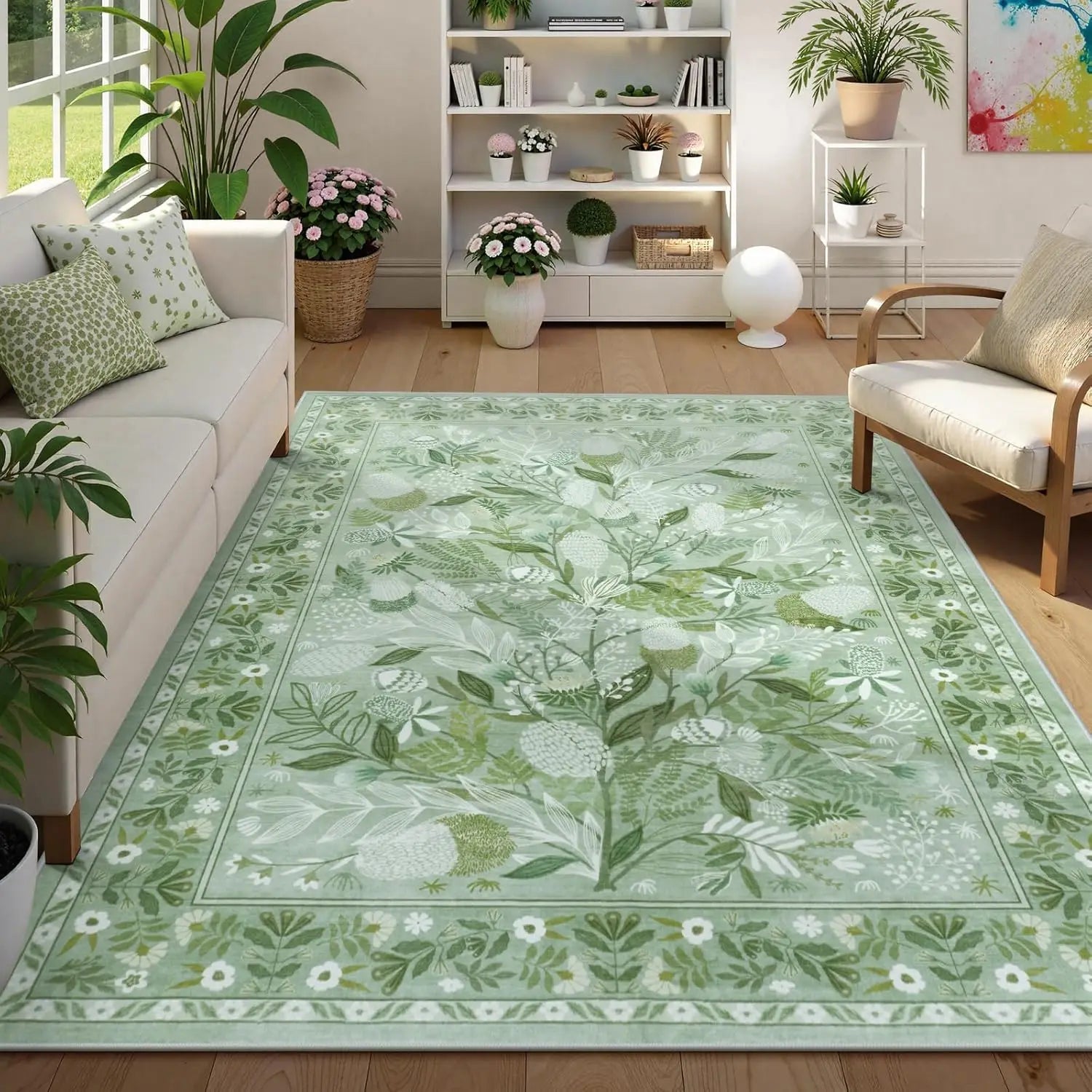 Navak Carpet Crystal Velvet CarpetAn Green Botanical Floral Washable Area Rugs, Abstract Large Rugs for Living Room Non-Slip Soft
