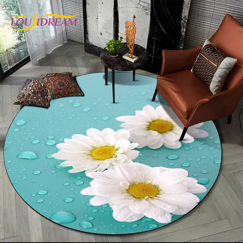 Navak Teppich, 3D-Gänseblümchen, nordische Blume, Sonnenblume, runder Teppich, Teppich für Wohnzimmer, Kinderzimmer, Sofa, Spielzimmer, Dekoration, rutschfeste Bodenmatte