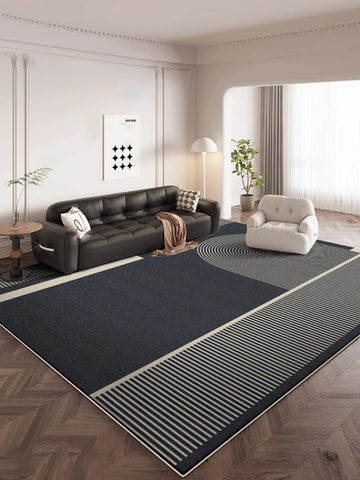 Navak Teppich, dunkelblau-cremefarben, gestreifter Teppich, moderne geometrische dekorative Teppiche, leicht zu reinigen, Kunstlinien, Wohnzimmerteppiche, bequemer Schlafzimmerteppich