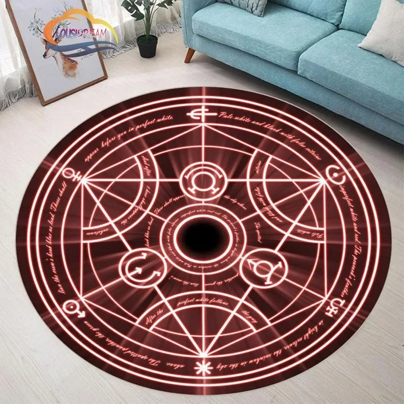 Navak Teppich Pentagramm Sonne gemusterter runder Teppich, Satan Devil's Trap Teppich, Weiß auf Schwarz Supernatural Runen Teppich