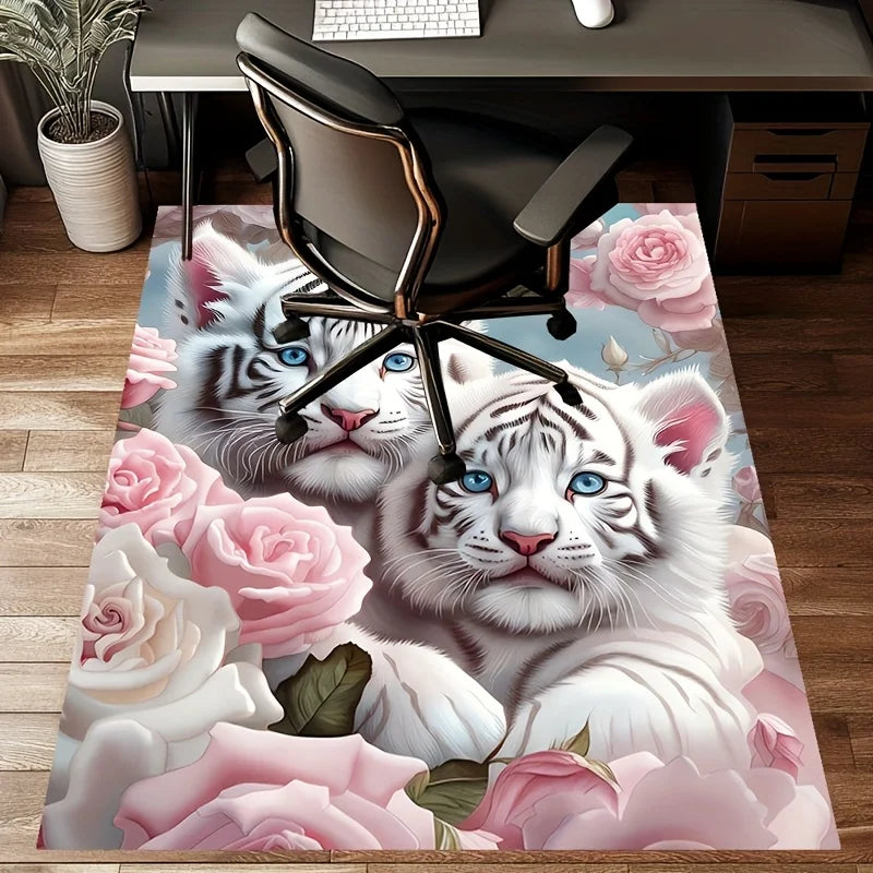 Navak Carpet 1 Stück Teppich mit weißem Tiger- und Rosenmuster – Polyester, rutschfest, maschinenwaschbar, bequeme Stuhlmatte für das Wohnzimmer,