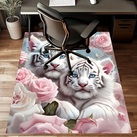 Navak Carpet 1 Stück Teppich mit weißem Tiger- und Rosenmuster – Polyester, rutschfest, maschinenwaschbar, bequeme Stuhlmatte für das Wohnzimmer,