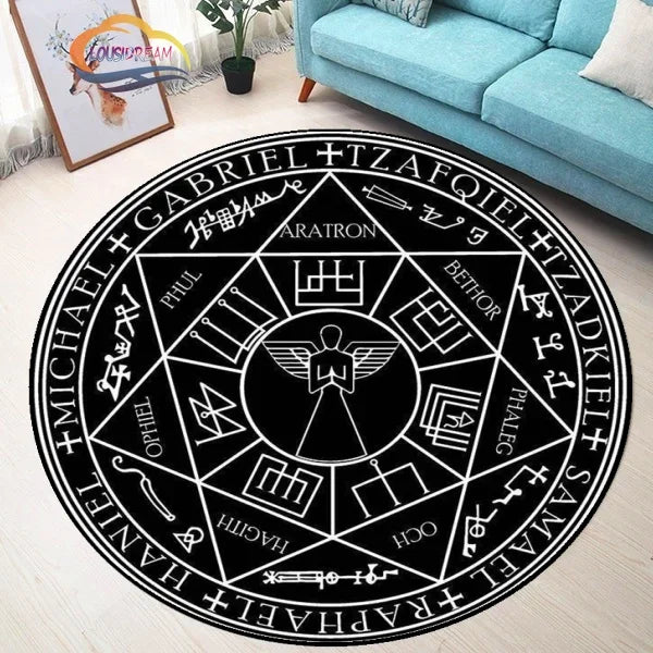 Navak Teppich Pentagramm Sonne gemusterter runder Teppich, Satan Devil's Trap Teppich, Weiß auf Schwarz Supernatural Runen Teppich