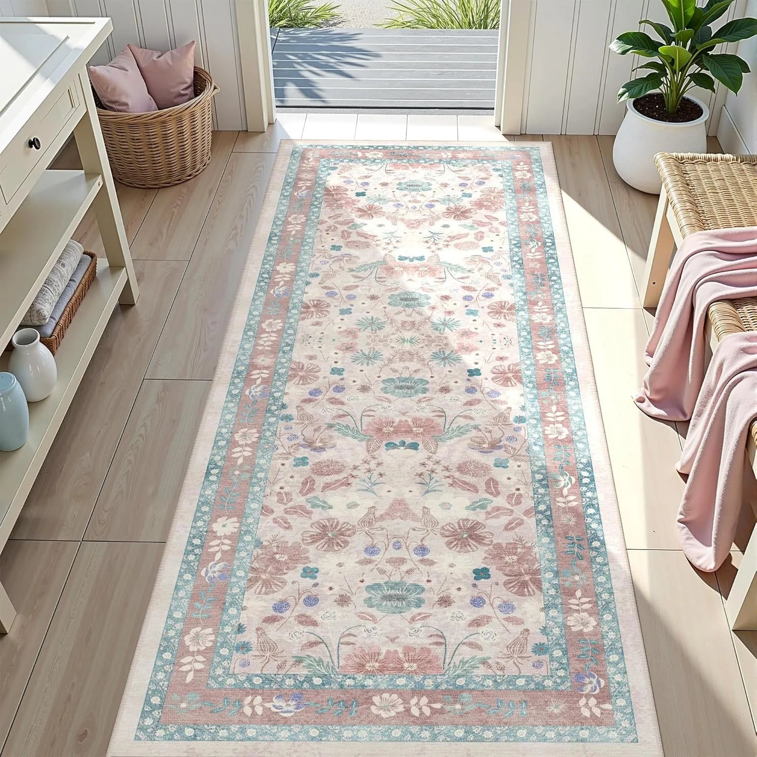 Navak Teppich, floraler Flurläufer, Teppich, weiche Blume, botanischer langer Teppich, Schlafzimmer, rutschfeste Bodenmatte, maschinenwaschbar, Küche, Heimdekoration