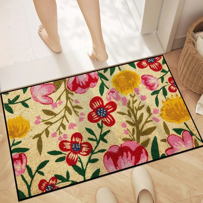 Navak Carpet 1 Stück Fußmatte mit Blumenbuchstaben-Aufdruck „Willkommen“, rutschfester Badvorleger, farbecht, Bodenmatte für Küche und Garten, waschbar, Heimdekor-Teppiche