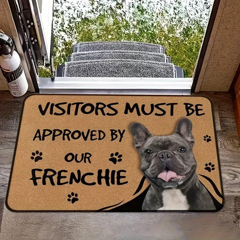 Navak Teppich Französische Bulldogge Anti-Rutsch-Fußmatte Interessanter "Besucher muss genehmigt werden" Willkommen Filzteppich Polyester Dekorativer Wohnzimmerteppich