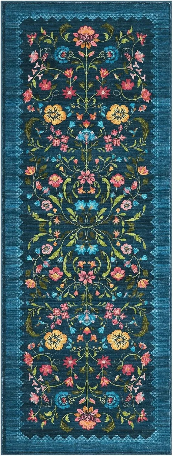 Navak Teppich Läufer für Flur, waschbar, Blumenmuster, langer Teppich, weicher, niedrigfloriger Weihnachtsdekor-Teppich, Schlafzimmer-Bodenmatte, rutschfeste Matten