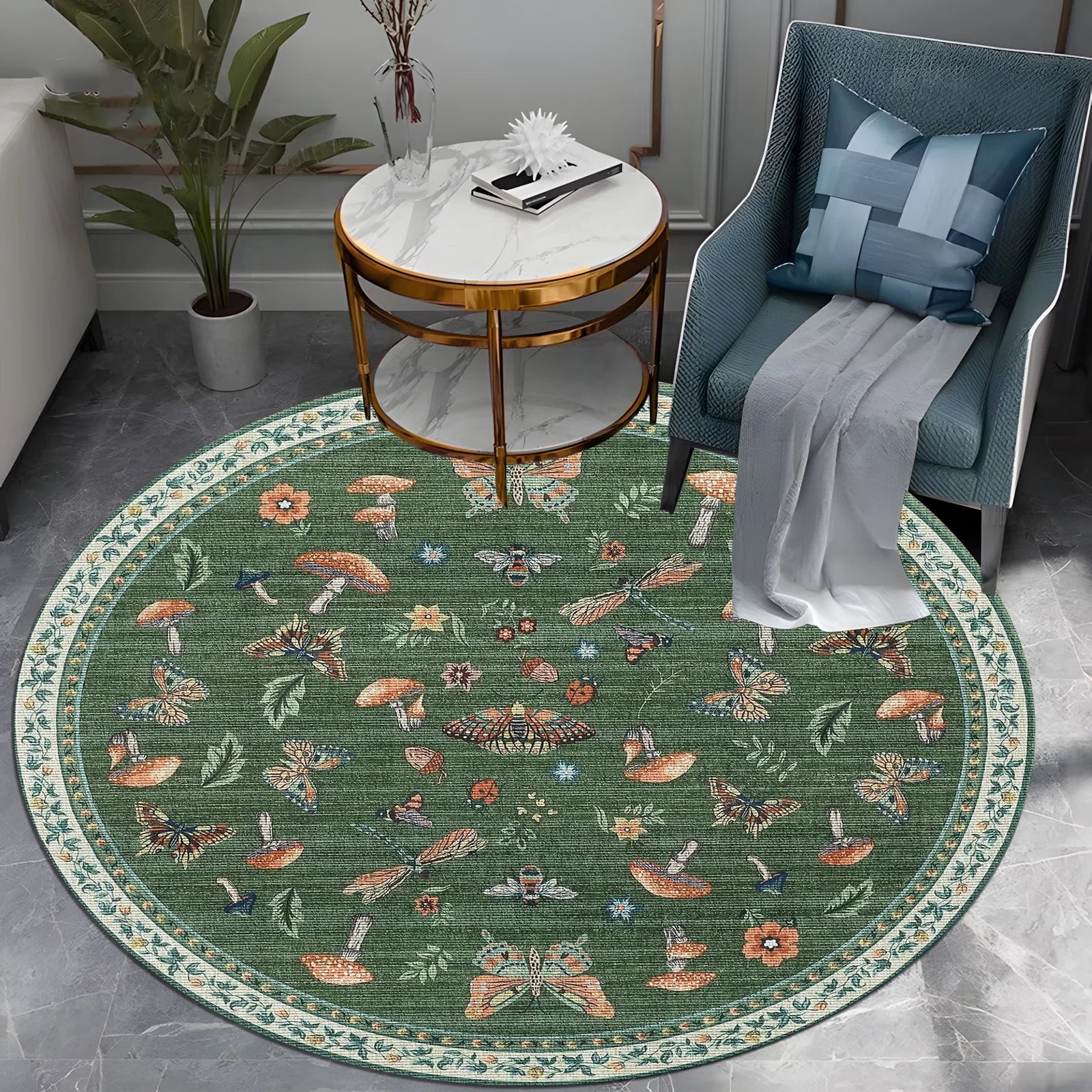Navak Carpet Runder Boho-Blumenteppich – Lebendiger Pilz- und Schmetterlingsdruck, rutschfester Teppich für Wohnzimmer/Schlafzimmer, von der Natur inspiriertes Dekor