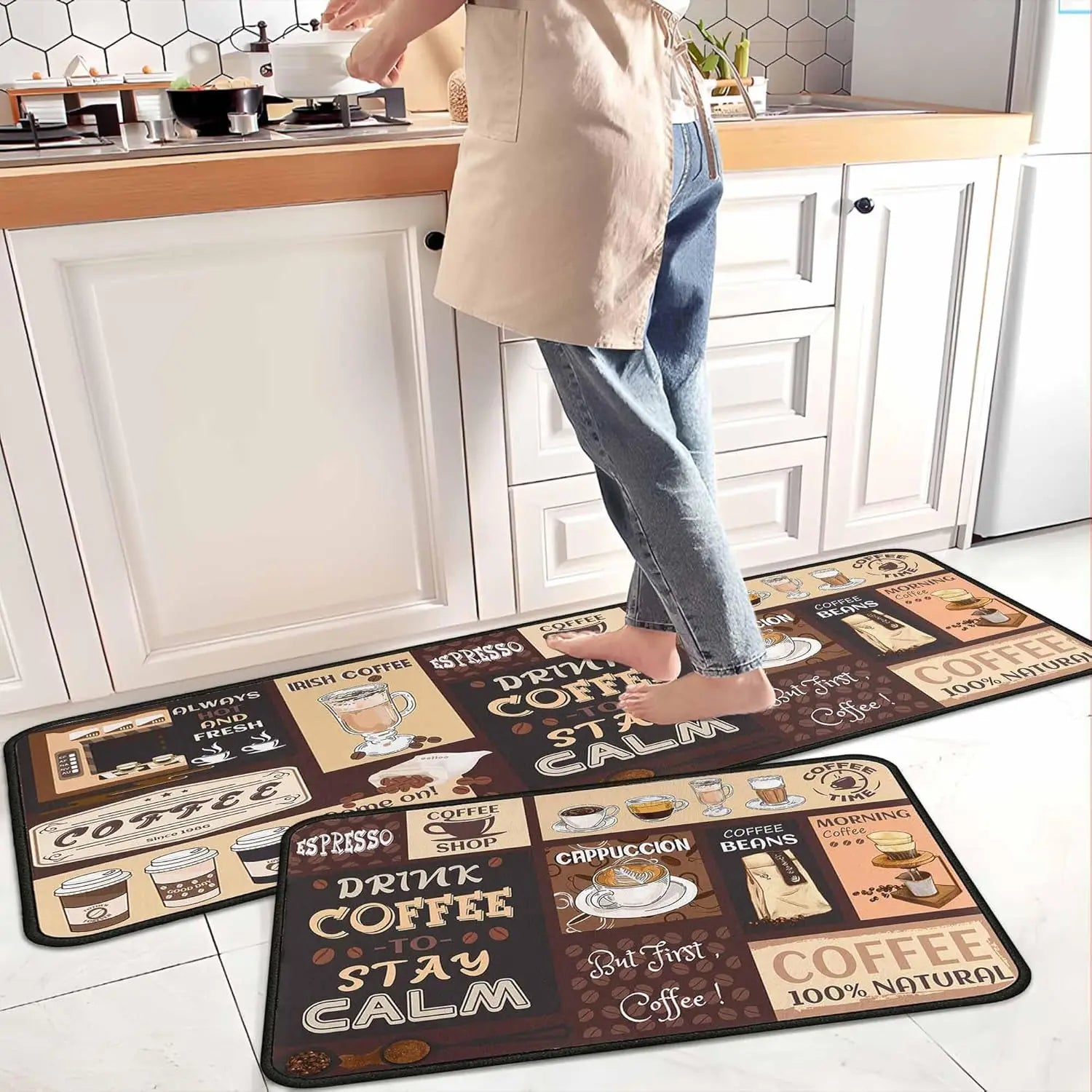 Navak Carpet Exclusive Picks 2-teilige Küchenteppiche und -matten in Kaffeebraun, rutschfest, waschbar, flecken- und lichtbeständig, Läuferteppich für den Küchenflur, Küchen- und Heimdekoration