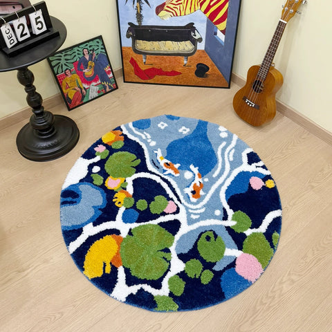 Navak Carpet Bunter Lotusteich, rund, handgefertigt, getufteter Teppich für Wohnzimmer, psychedelisches Schlafzimmer, Retro-Teppich, Plüsch, Kreis, abstrakte Kunst, Bereichsteppich