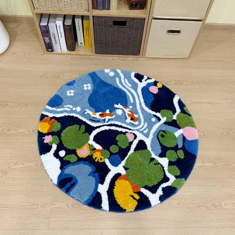 Navak Carpet Bunter Lotusteich, rund, handgefertigt, getufteter Teppich für Wohnzimmer, psychedelisches Schlafzimmer, Retro-Teppich, Plüsch, Kreis, abstrakte Kunst, Bereichsteppich