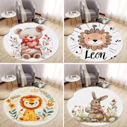 Navak Teppich Cartoon Löwe Liebe Bär Runder Teppich Wohnzimmer Dekoration Kaninchen Bär Waldtiere Schlafzimmer Teppiche Heimmatten Waschbare Freizeitteppiche