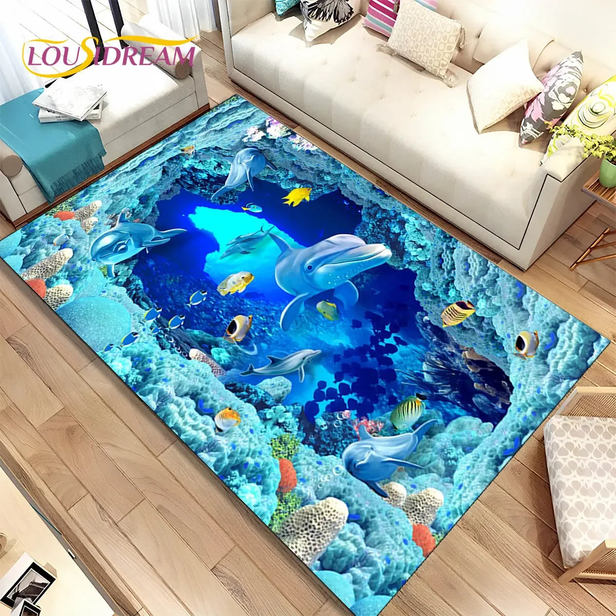 Navak Teppich, 3D-Illusion, Meeresboden, Unterwasserwelt, Delfin, Hai, Teppich für Wohnzimmer, Schlafzimmer, Sofa, Fußmatte, rutschfeste Bodenmatte