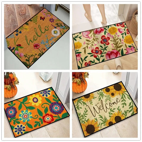 Navak Carpet 1 Stück Fußmatte mit Blumenbuchstaben-Aufdruck „Willkommen“, rutschfester Badvorleger, farbecht, Bodenmatte für Küche und Garten, waschbar, Heimdekor-Teppiche