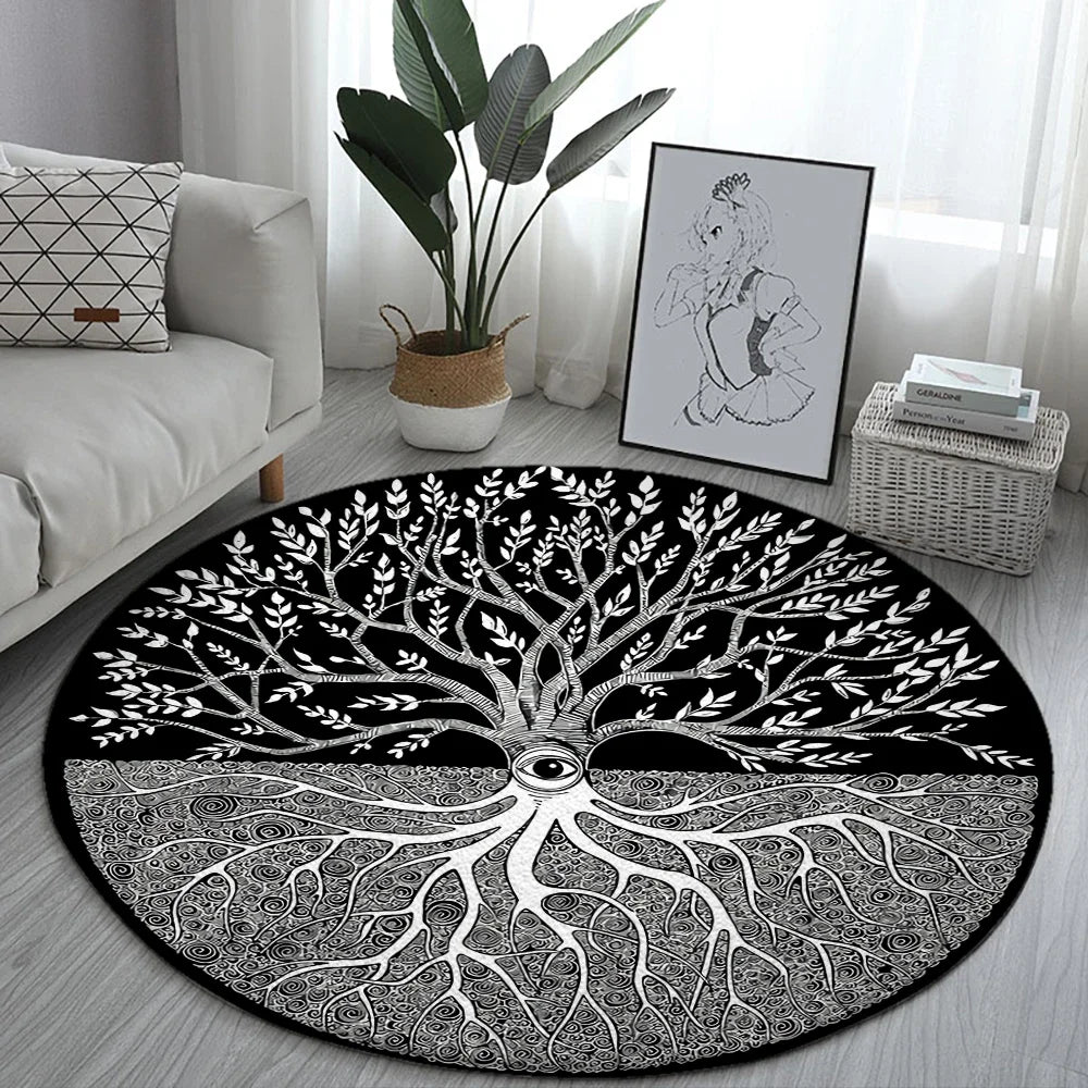 Navak Carpet World Tree Runder Teppich Flächenteppich Wikinger Nordische Mythologie Druck Runder Teppich Wohnzimmer Schlafzimmer Bodenmatte Spielzimmer Weicher runder Teppich